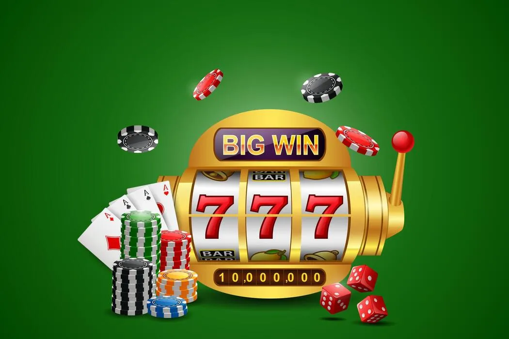 Big win slots machine 777 casino with chip poker dice and playing cards vector